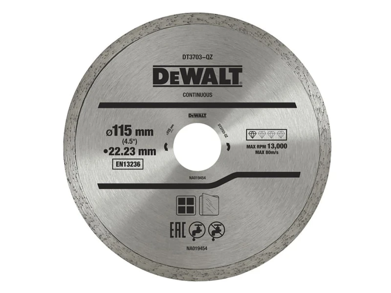 Image of DEWALT Power Tools DT3711 Continuous Rim Diamond Cutting Disc 115 x 22.23mm DT3703-QZ