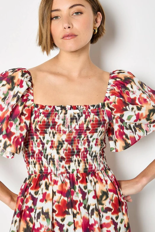 Image of Apricot Womens Pure Cotton Blurred Ikat Mini Dress in Pink Size: 10 Pink Female 10