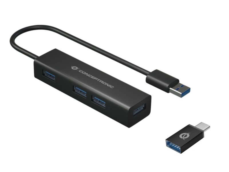 Image of Conceptronic 4-Port USB 3.0 Aluminum Hub with USB-C to USB-A Adapter