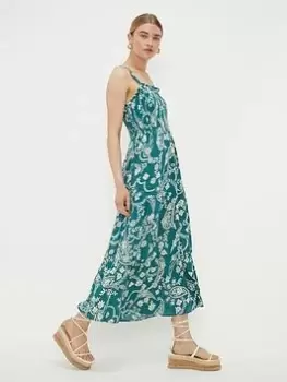 Image of Dorothy Perkins Paisly Shirred Strappy Midi Dress - Green, Size 16, Women