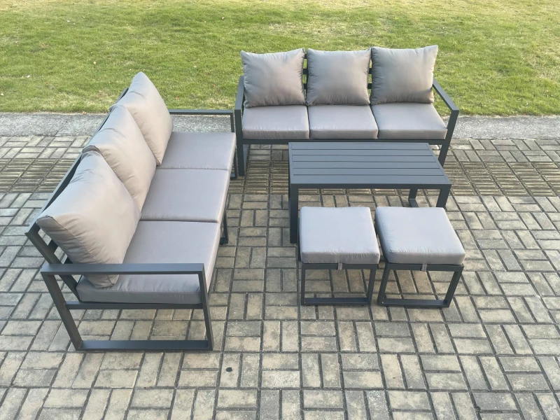 Image of Fimous Aluminium Patio Outdoor Garden Furniture Lounge Sofa Set with Oblong Coffee Table 2 Small Footstools Dark Grey Dark Grey Unisex