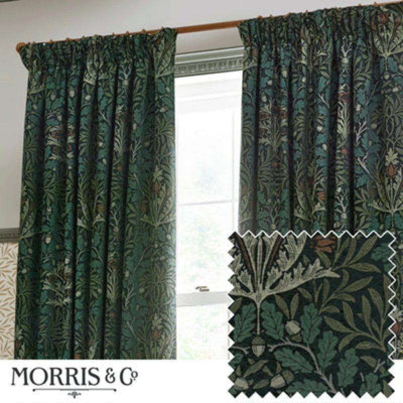 Image of Morris & Co Morris & Co Acorn Multi Floral Jacquard Room Darkening Pencil Pleat Curtains in Green Size: 117cm width x 137cm drop Green 117cm width x