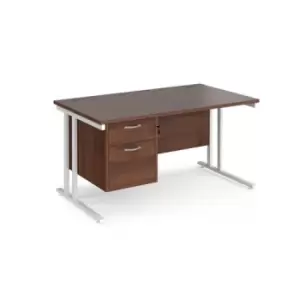 Image of Office Desk Rectangular Desk 1400mm With Pedestal Walnut Top With White Frame 800mm Depth Maestro 25 MC14P2WHW