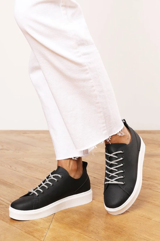 Image of Where's That From Womens 'Florina' Low Wedge Trainer with Lace up detail in Black Size: 4 Black Female 4