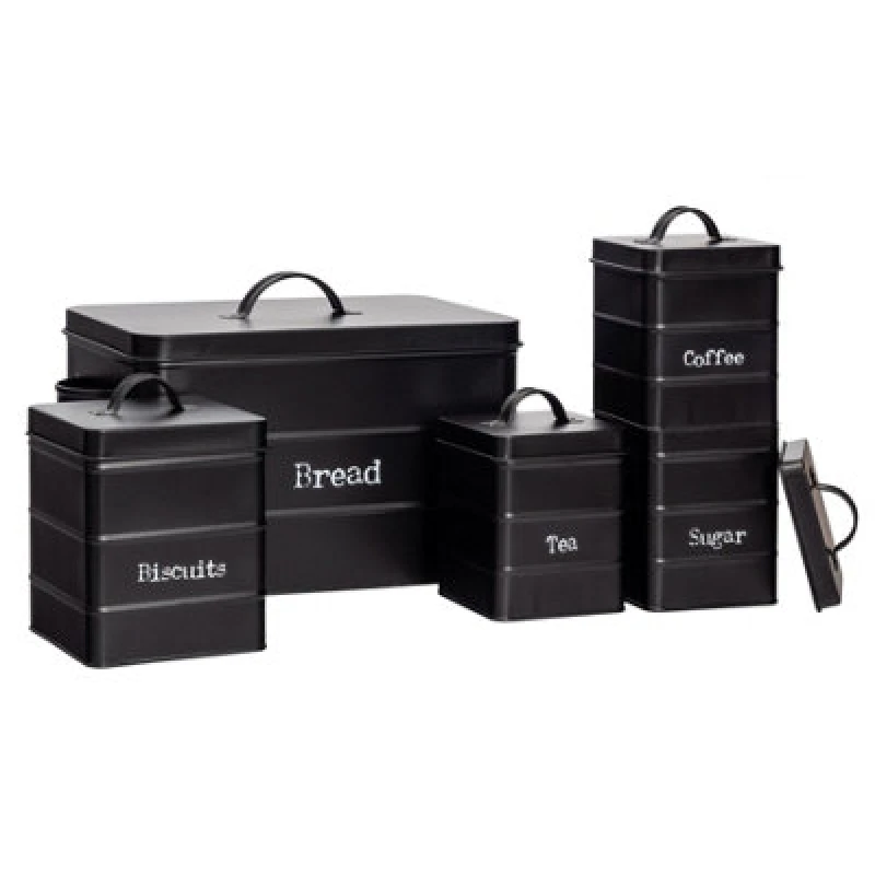Image of Harbour Housewares 5 Piece Kitchen Canisters Set - Black - Vintage Metal Storage Caddy Tin Jar