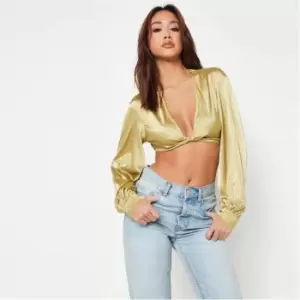 image of Missguided Petite Satin Twist Front Crop Top - Green