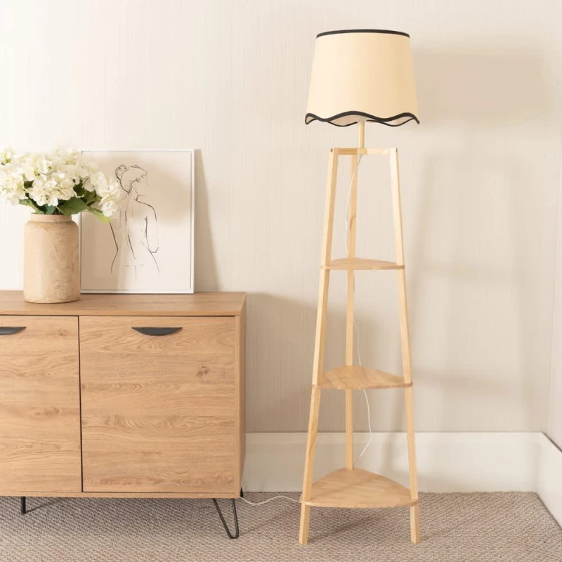 Image of ValueLights Hiru Three Tier Shelved Wooden Floor with Linen Trim Scallop Tapered Shade Black