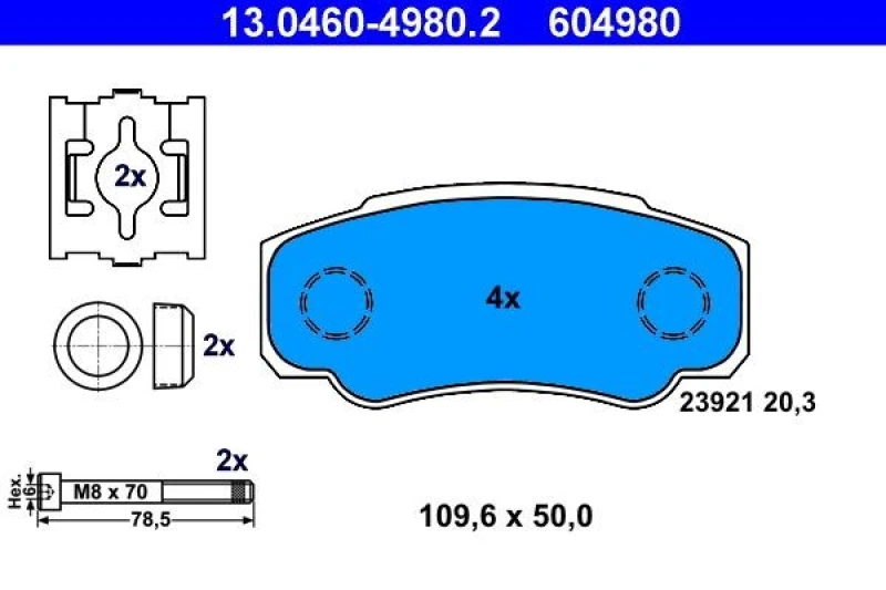 Image of ATE 13.0460-4980.2 Brake pad set excl. wear warning contact, with accessories, with brake caliper screws Brake Pad Set,disc brake (402)