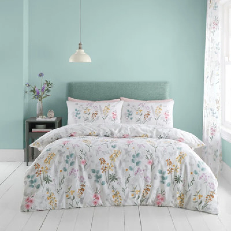 Image of Catherine Lansfield Bedding Emilia Floral Reversible Double Duvet Cover Set With Pillowcases White Green