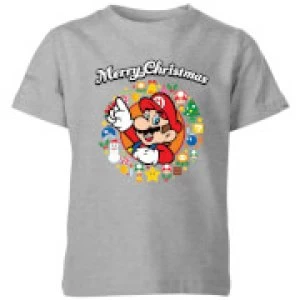 Image of Nintendo Super Mario Mario Merry Christmas Wreath Kid's T-Shirt - Grey - 11-12 Years