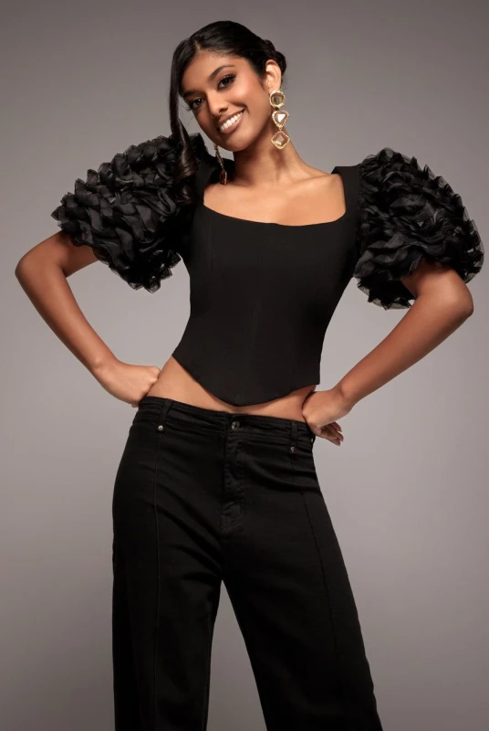 Image of Goddiva Textured Sleeve Corset Women Goddiva Scuba 3D Noir Female 44