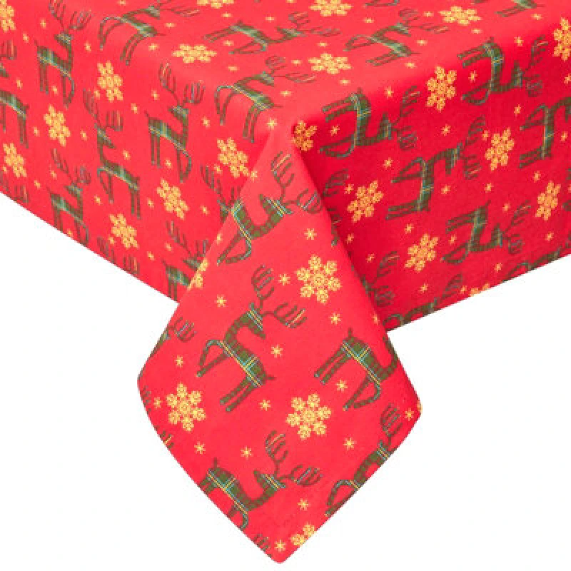 Image of Homescapes Reindeer Cotton Christmas Round Tablecloth, 178cm Red