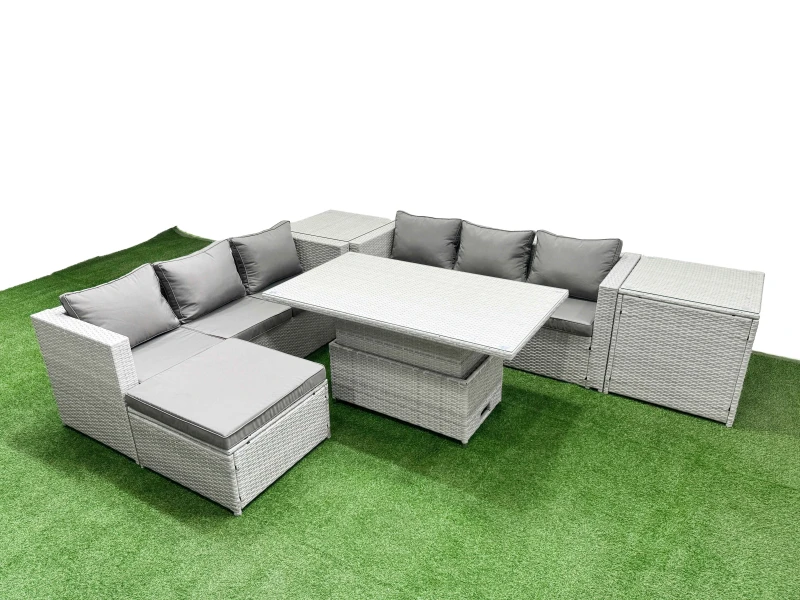 Image of Fimous 6 Pcs Rising Dining Table Set Rattan Furniture Set With 3 Seater Sofa Big Footstool 2 Side Tables Light Grey