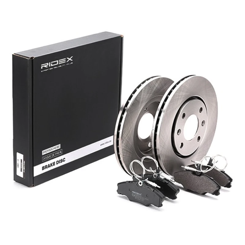 Image of RIDEX 3405B0274 Brake disc and pads set Front Axle, Brake Disc Type: Vented, incl. wear warning contact Brake Set,disc brakes (3405)