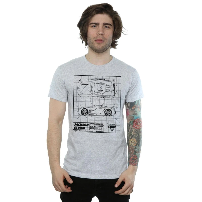Image of Disney Men Cars Jackson Storm Blueprint T-Shirt in Grey Size: Small Grey S Male 5057245932356
