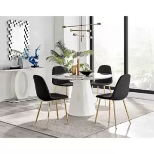Image of Furniture Box Palma White Marble Effect Round Dining Table and 4 Black Corona Gold Leg Chairs