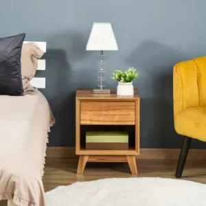 Image of HOMCOM Modern Bedside Table Nightstand, Living Room End Table, Side Table with Drawer and Shelf, Walnut Brown
