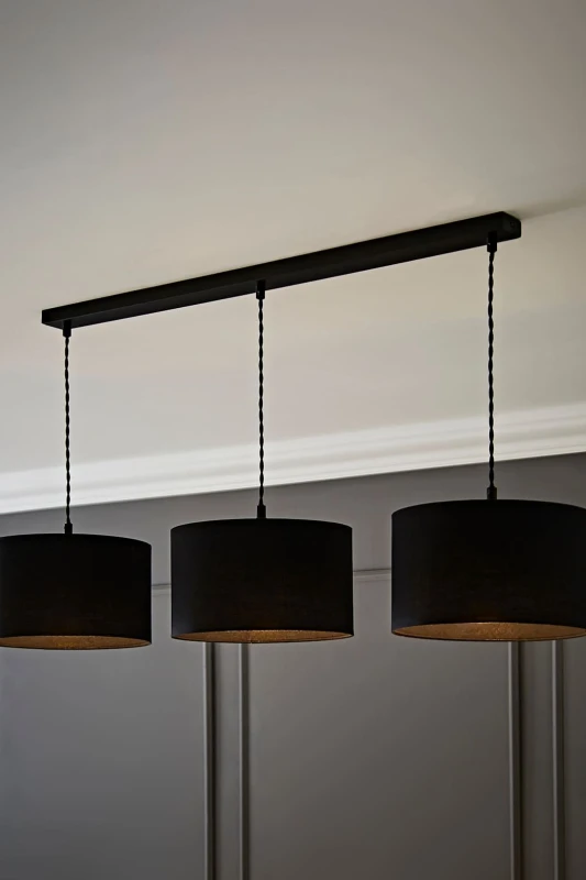 Image of ValueLights ValueLights Reni Fabric Drum Shade 3 Drop Bar Matte Black Diner Ceiling Pendant Light Black One Size Unisex 5059406063206