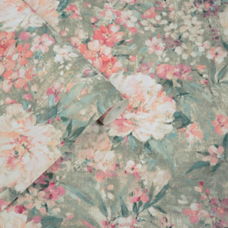 Image of Laura Ashley Green & Pink Floral Classic Smooth Wallpaper