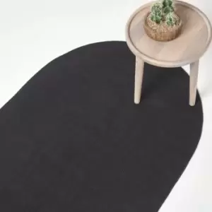 Image of Black Handmade Woven Braided Oval Rug, 50 x 80cm - Black - Homescapes