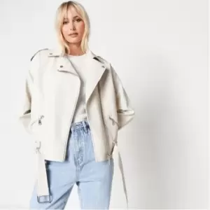 Missguided Faux Leather Oversized Boyfriend Biker Jacket - Cream