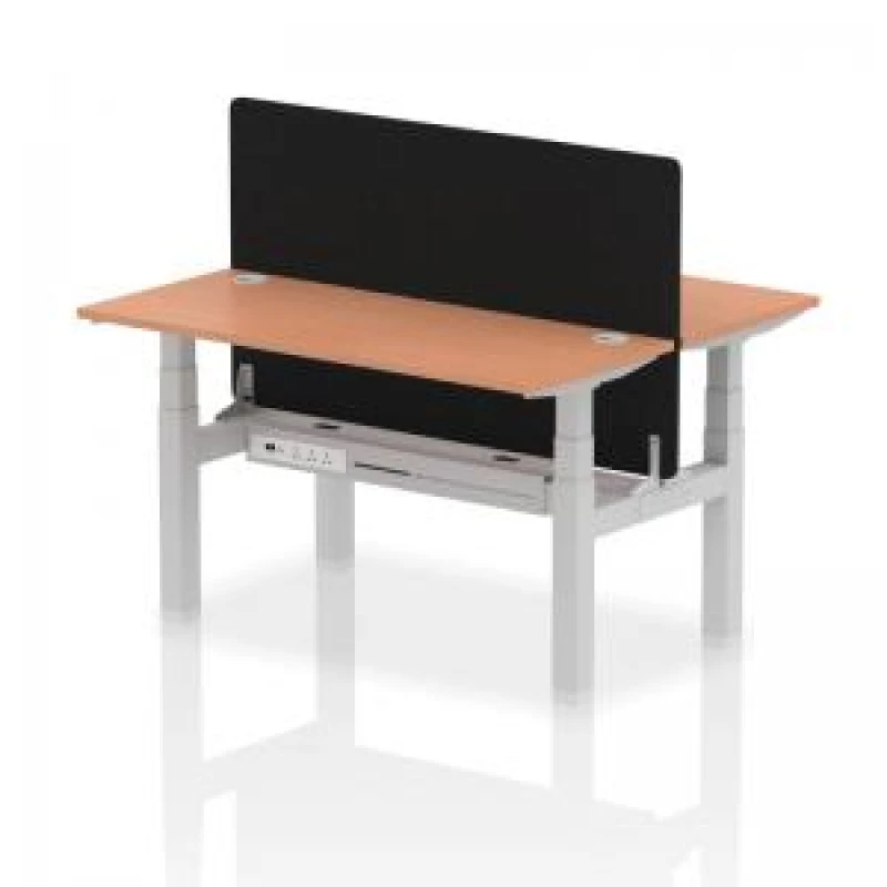 Image of Air Back - to - Back 1400 x 600mm Height Adjustable 2 Person Bench Office Desk Beech Top - Cable Ports Silver Frame - Black Straight Screen