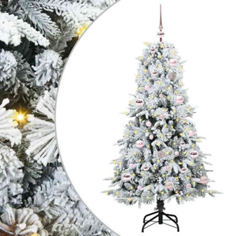 Image of vidaXL Artificial Hinged Christmas Tree with Pink Balls Snow Flocked Green 150cm PE and PVC, Green 3397473