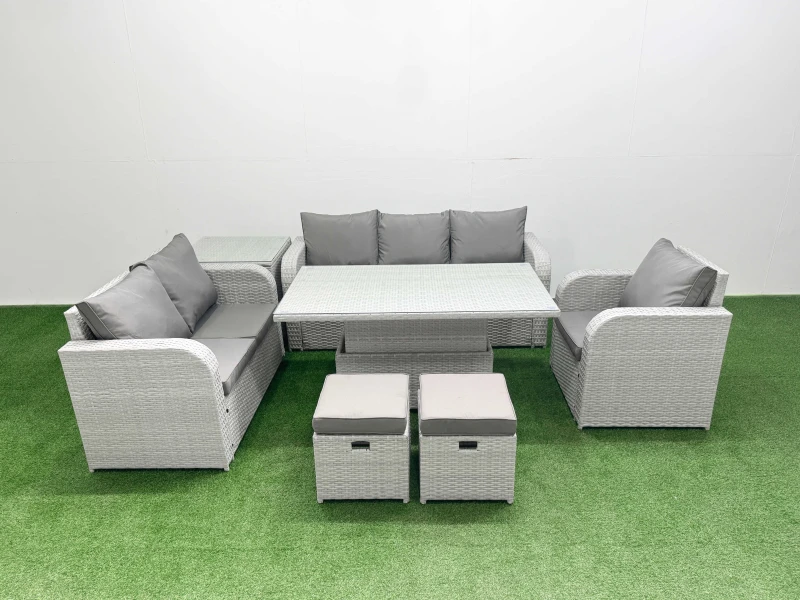 Image of FIMOUS Fimous - Patio pe Wicker 8 Seater Outdoor Rattan Furniture Sofa Sets with Adjustable Lifting Dining or Coffee Table Reclining Chair Loveseat So