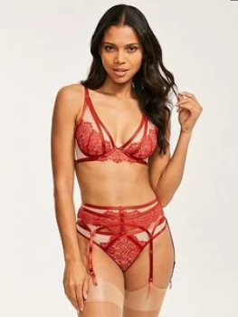 image of Figleaves Fleur Eyelash Lace And Mesh Suspender - Red/Nude