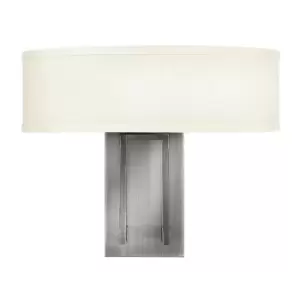 Image of Twin Wall Light Etched Off White Linen Drum Shade Antique Nickel LED E14 60W