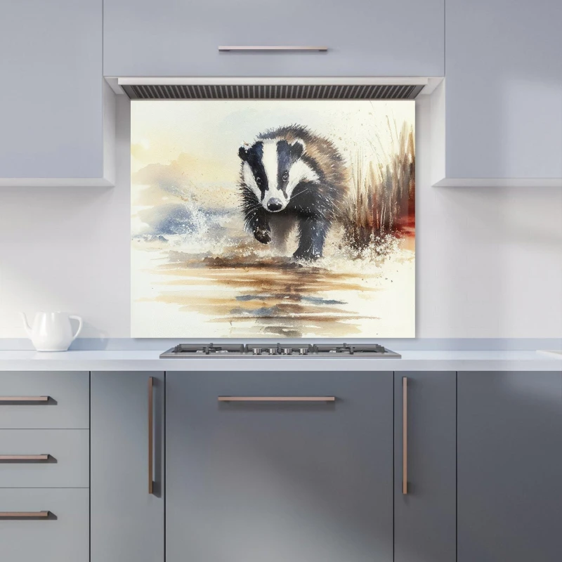 Image of Warren Reed - Designer Wading Badger Watercolour Kitchen Splashback in Brown Size: 600mm x 750mm Brown Unisex 600mm x 750mm