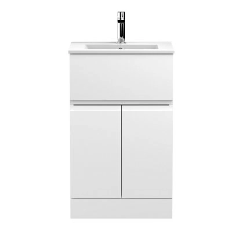 Image of Nuie Hudson Reed Urban Floor Standing 2 Door 1 Drawer Vanity Unit With Minimalist Basin, Modern Vanity Unit In Satin White, 500mm