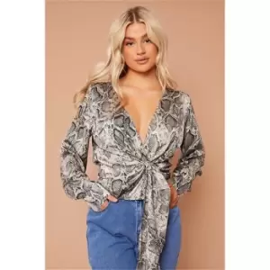 image of I Saw It First Grey Petite Woven Wrap Over Snake Print Blouse - Grey