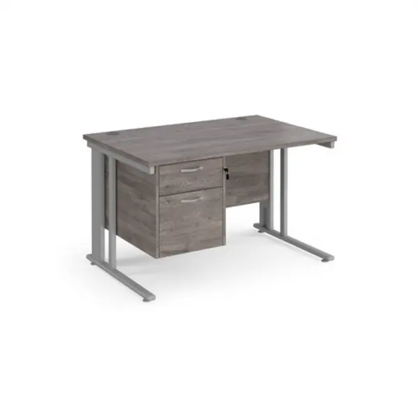 Image of Maestro 25 straight desk 1200mm x 800mm with 2 drawer pedestal - silver cable managed leg frame, grey oak top