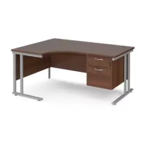 image of Office Desk Left Hand Corner Desk 1600mm With Pedestal Walnut Top With Silver Frame 1200mm Depth Maestro 25 MC16ELP2SW