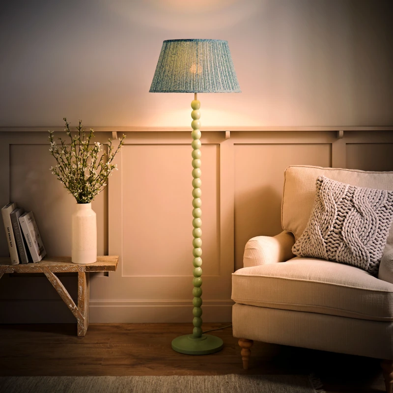 Image of ValueLights ValueLights Bobbin Bobbles Floor Lamp with Leaf Pleated Taper Lamp Shade and Bulb in Pale Green Pale Green One Size Unisex 5059406069055