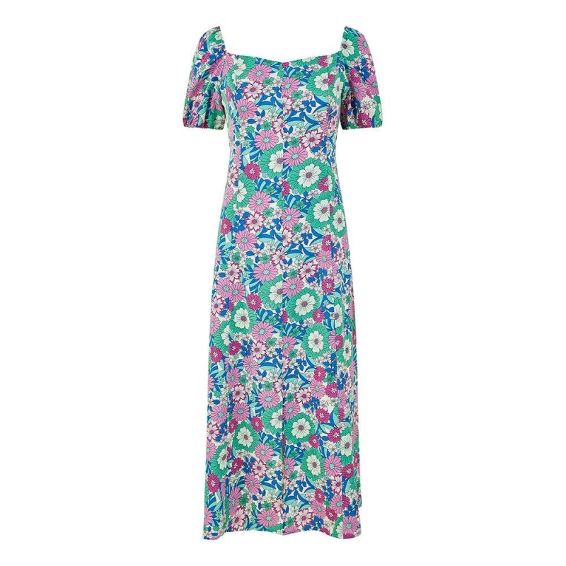 Image of Mela Pink Retro Flower Print Puff Sleeve Midi Dress Pink female
