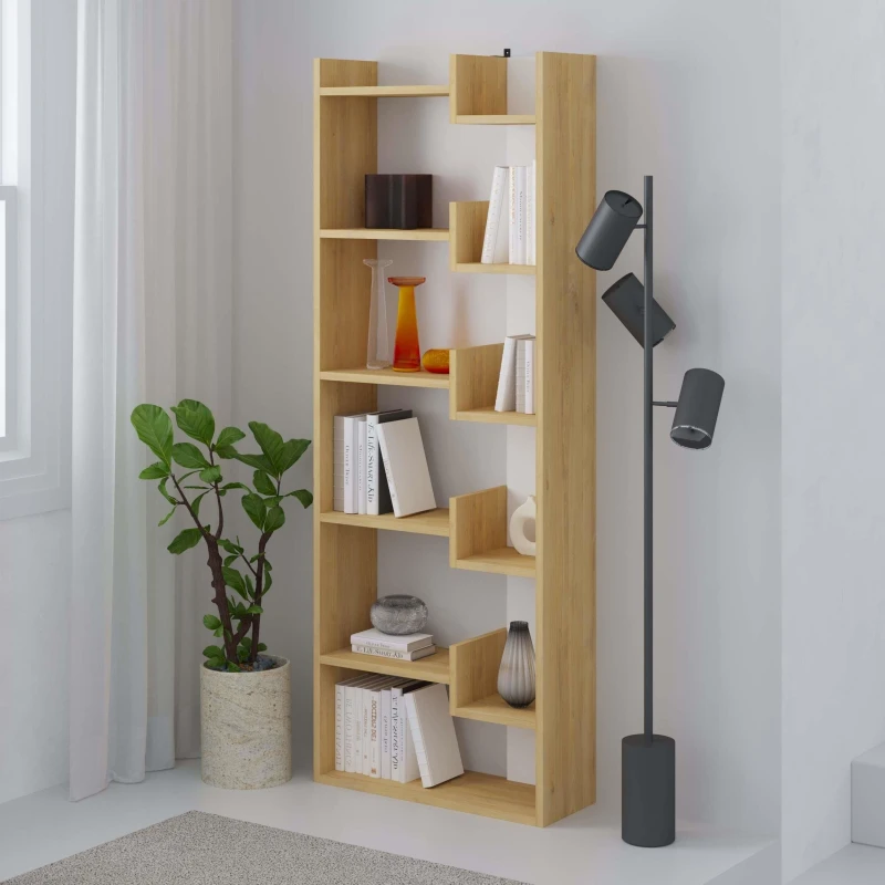 Image of DECORTIE Decortie - Oppa Modern Bookcase Display Unit Tall 162.4cm - Oak / White - Oak M.KT.02.11151.13