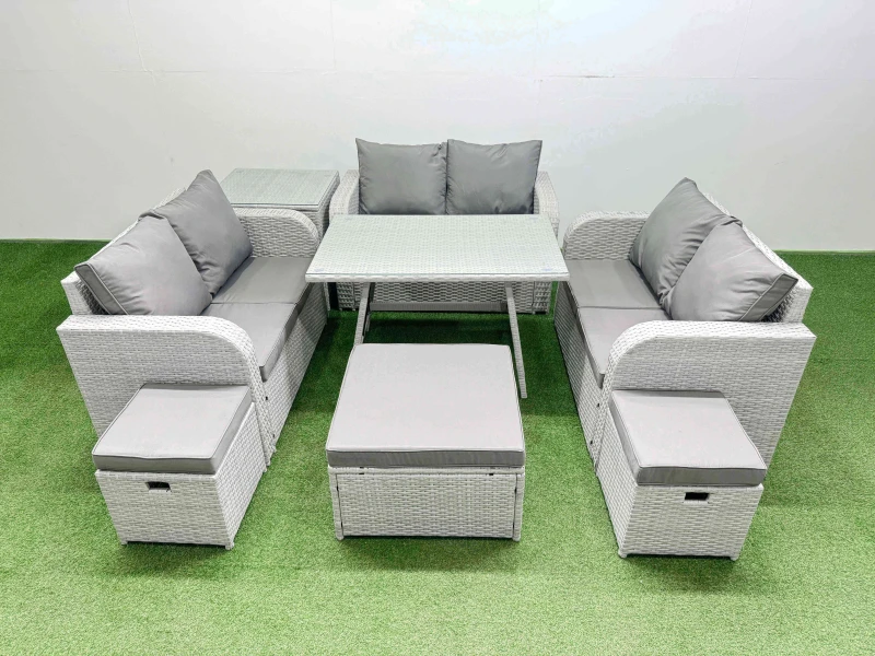 Image of Fimous 9-seater Patio Rectangular Table Love Sofa Set with Side Table Stools in Light Grey Light Grey Unisex