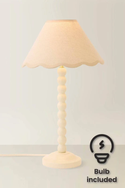 Image of ValueLights Bobbin Colour Trim Linen Shade Cream Bobble Table Lamp with Bulb Cream Unisex