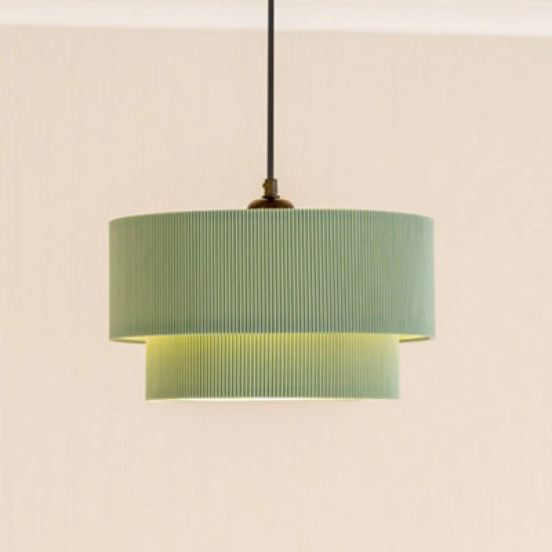 Image of ValueLights Mason Ruched Crinkle Fabric 2 Tier Ceiling Floor Table Lamp Shade with LED Bulb Green