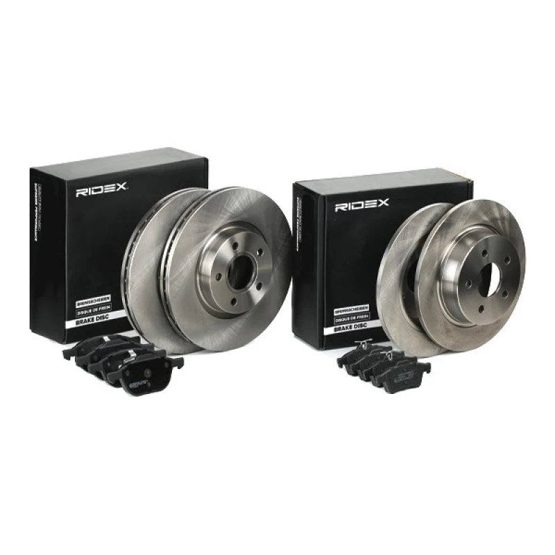 Image of RIDEX 3405B1672 Brake disc and pads set Rear Axle, Brake Disc Type: Solid, excl. wear warning contact, with anti-squeak plate Brake Set,disc brakes (