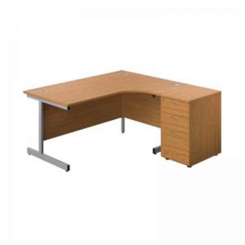 Image of First Radial Right Hand Desk with Pedestal 1600x800-1200mm Oak/Silver KF803294