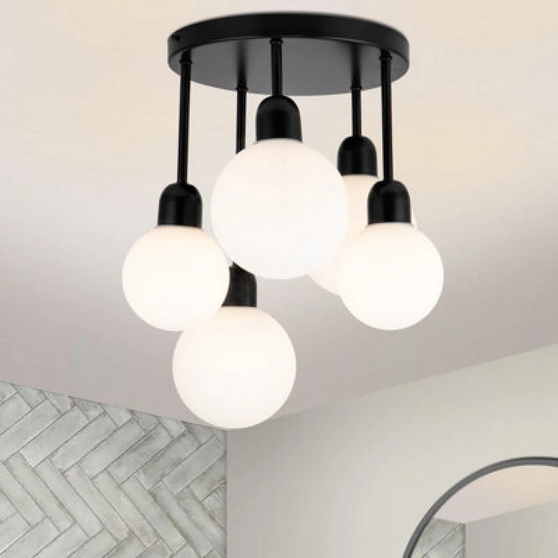 Image of Cosylyte Broome Bathroom 5 Light Modern Opal Glass Ceiling Light - Matt Black