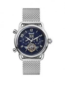 Image of Ingersoll Ingersoll New England Navy Daydate Skeleton Eye Automatic Dial Stainless Steel Mesh Strap Watch