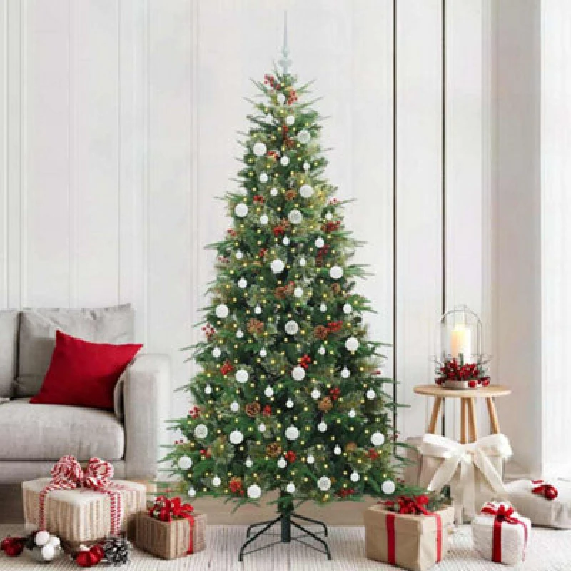 Image of vidaXL Artificial Hinged Christmas Tree with White Balls Green 210cm PE and PVC, Green 3397435