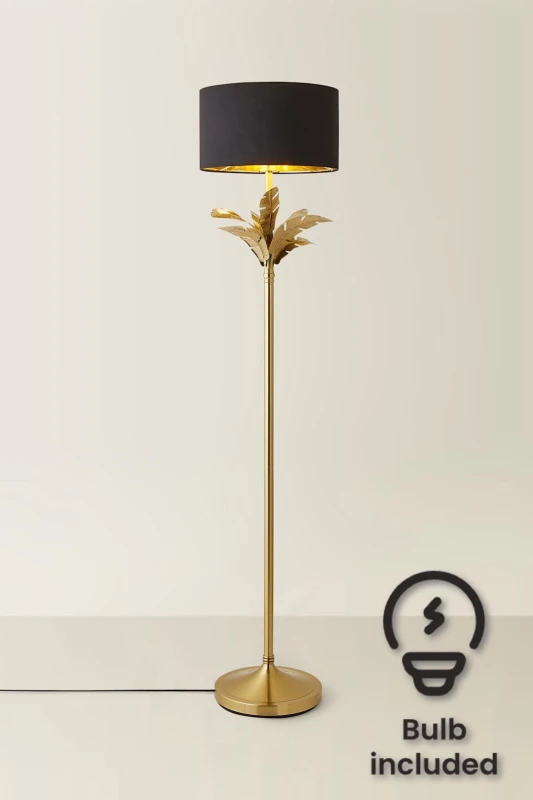 Image of ValueLights ValueLights Christina Fabric with Gold Inner Drum Shade Gold Palm Leaf Floor Lamp with Bulb in Black One Size Unisex 5059406067426