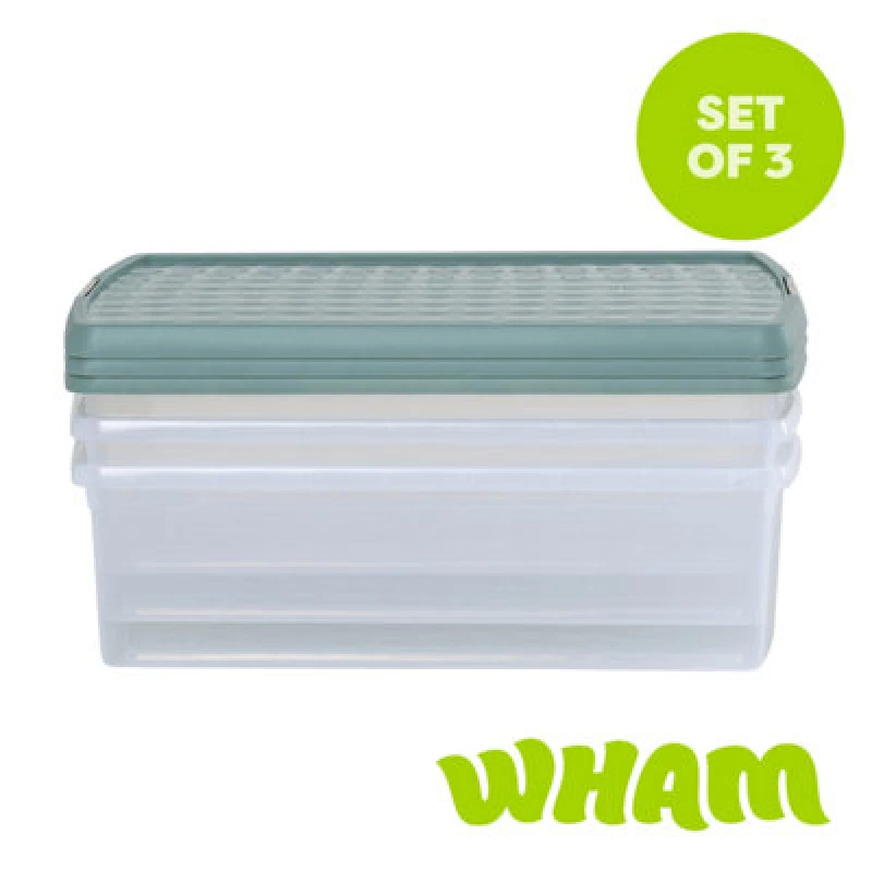 Image of Wham Clip 3X 30L Rectangular Plastic Storage Boxes With Clip Lock Lids. Ideal For Home, Office, Toys & More - Clear/green Milieu