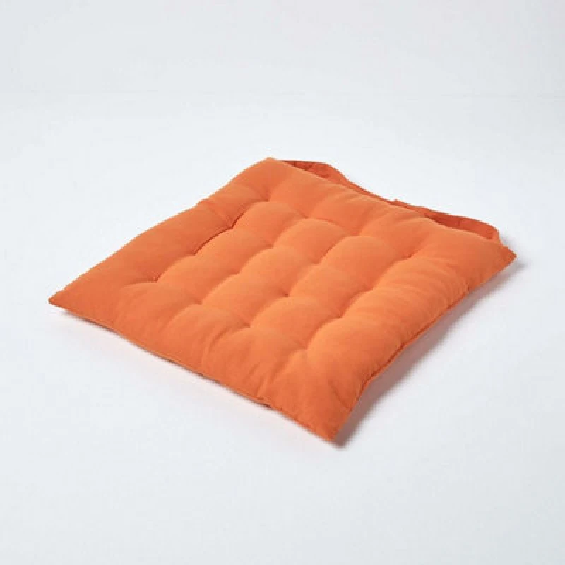 Image of Homescapes Plain Seat Pad with Button Straps 100% Cotton Burnt Orange