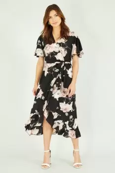 Image of Black Rose Printed Bubble Crepe Wrap Effect Dress